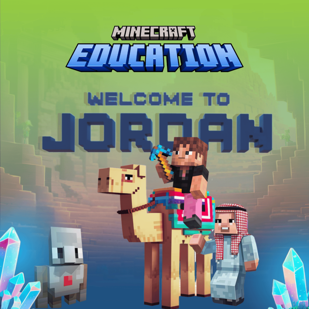Free and fun Minecraft Education poster with Welcome to Jordan text. A Minecraft character rides a camel, another wears traditional Middle Eastern clothing, and game scenery with crystals and a golem is shown in the background.