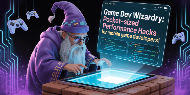 A wizard in purple robes uses a glowing tablet, casting a holographic display that reads, “Game Dev Wizardry: Pocket-sized Performance Hacks for mobile games!” with floating game controllers nearby, perfect for those seeking to Appstore Optimize their creations.