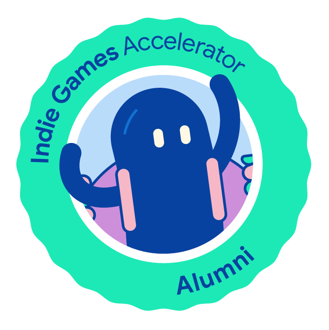A circular badge with a blue cartoon character in the center, surrounded by the text Indie Games Accelerator Alumni on a turquoise background—proudly representing a Middle Eastern game studio.